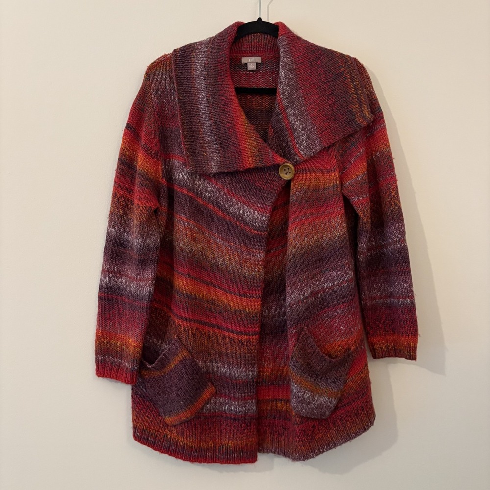 J Jill Wool Blend Chunky Knit Cardigan Sweater Sz L Petite Granny Colorful Artsy